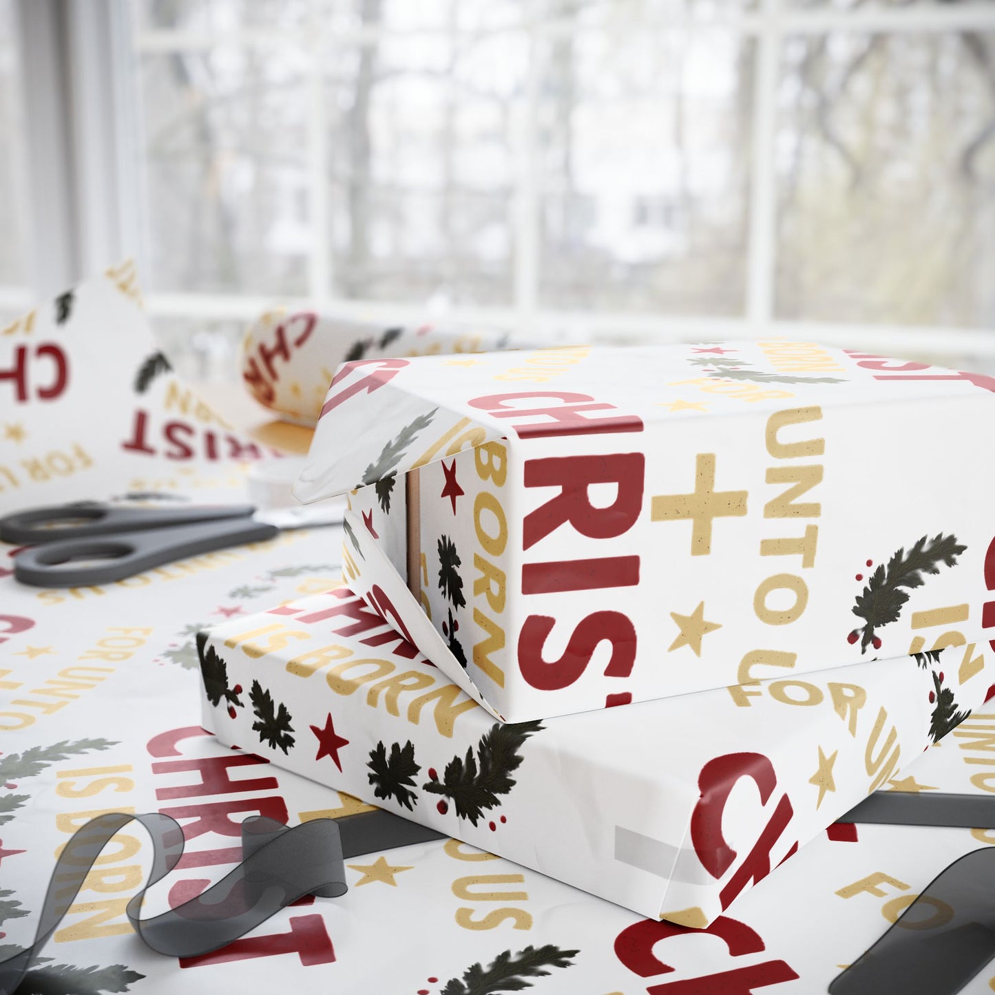 Christmas Wrapping Paper — "FOR UNTO US CHRIST IS BORN" Religious Gift Wrap