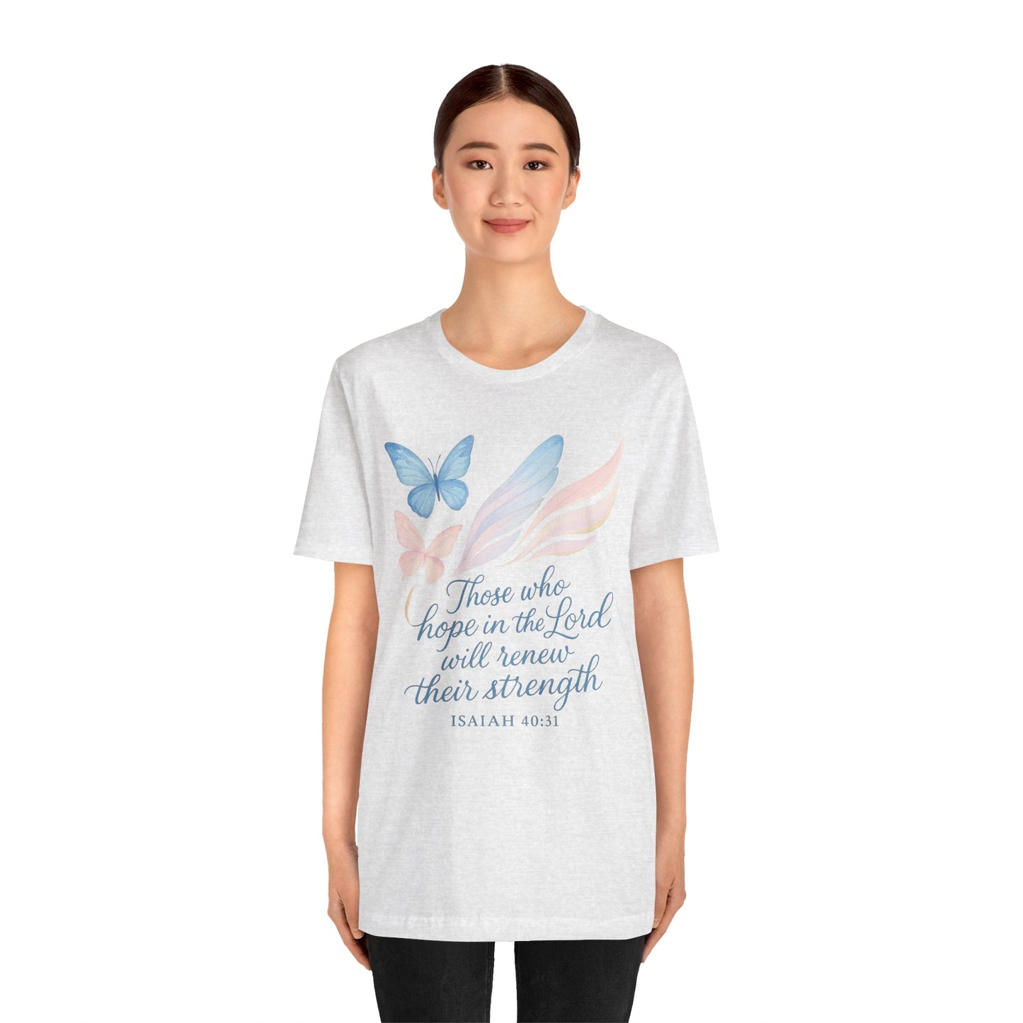 Inspirational Scripture T-Shirt – "Those Who Hope in the Lord" Isaiah 40:31, Pastel Butterflies