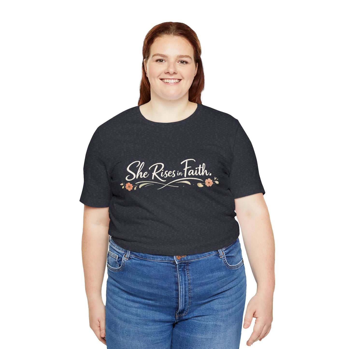 "She Rises In Faith" Chest Tee – Delicate Peach Blossom Graphic
