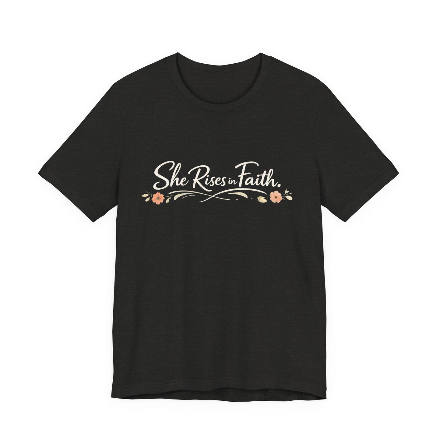 "She Rises In Faith" Chest Tee – Delicate Peach Blossom Graphic