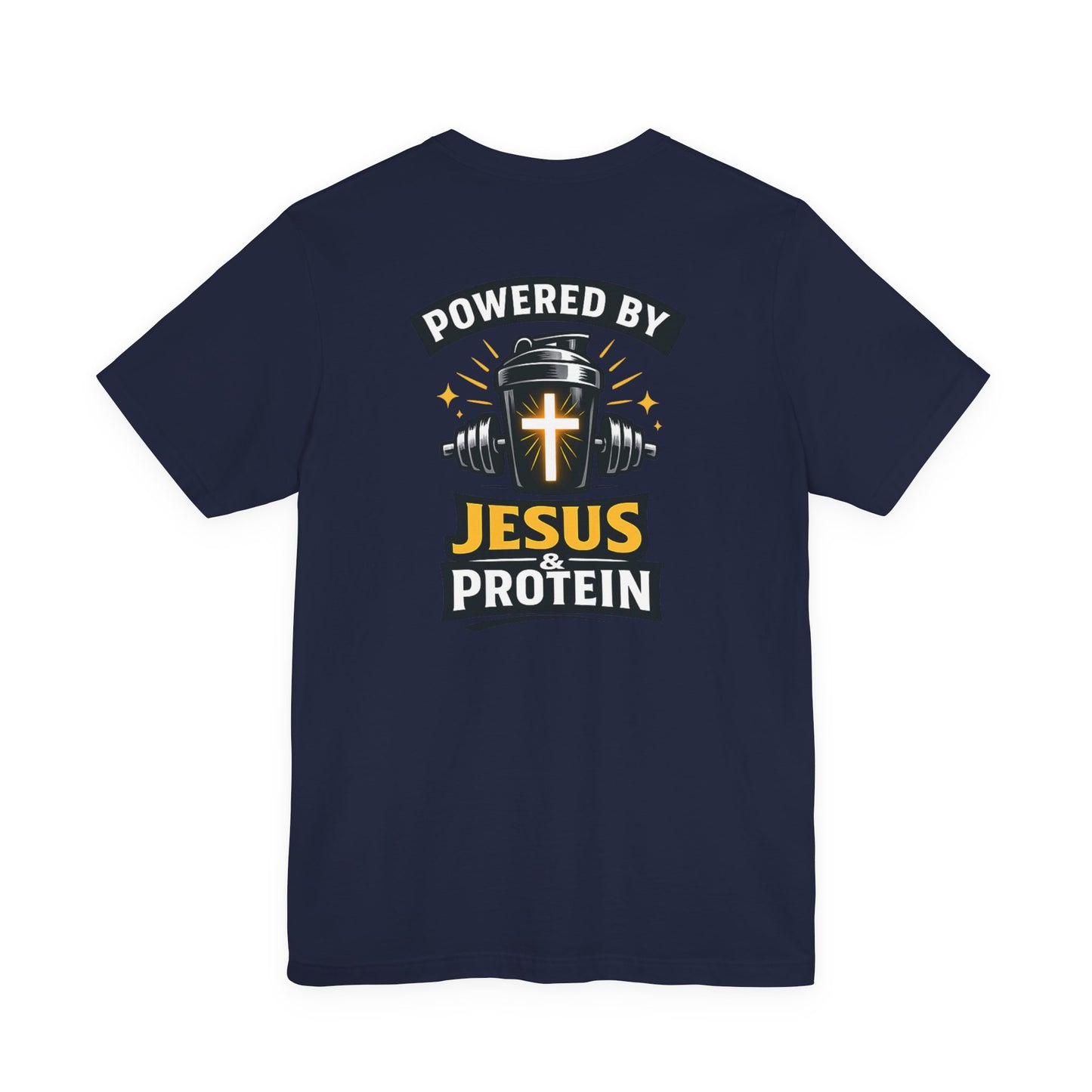 Powered by Jesus & Protein T-Shirt — Christian Gym Fitness Tee
