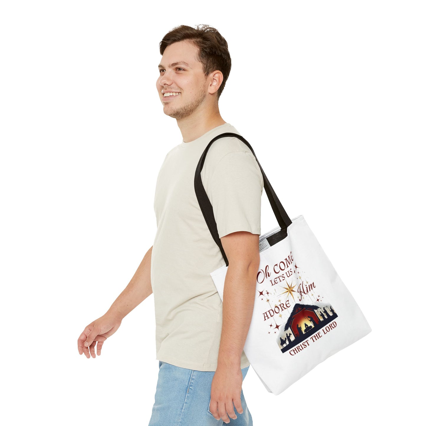 Nativity Scene Tote Bag with 'Oh come let us adore Him, Christ the Lord' Phrase