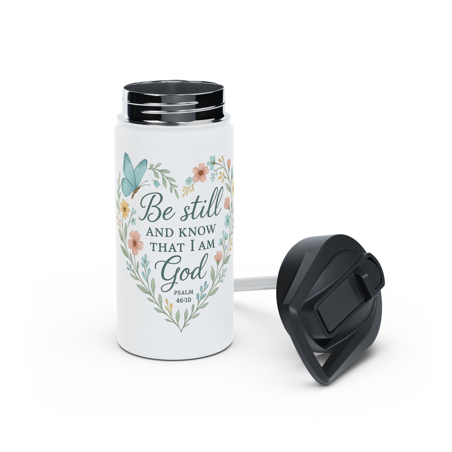 Christian Water Bottle — “Be Still and Know That I Am God” Floral Stainless Steel Bottle