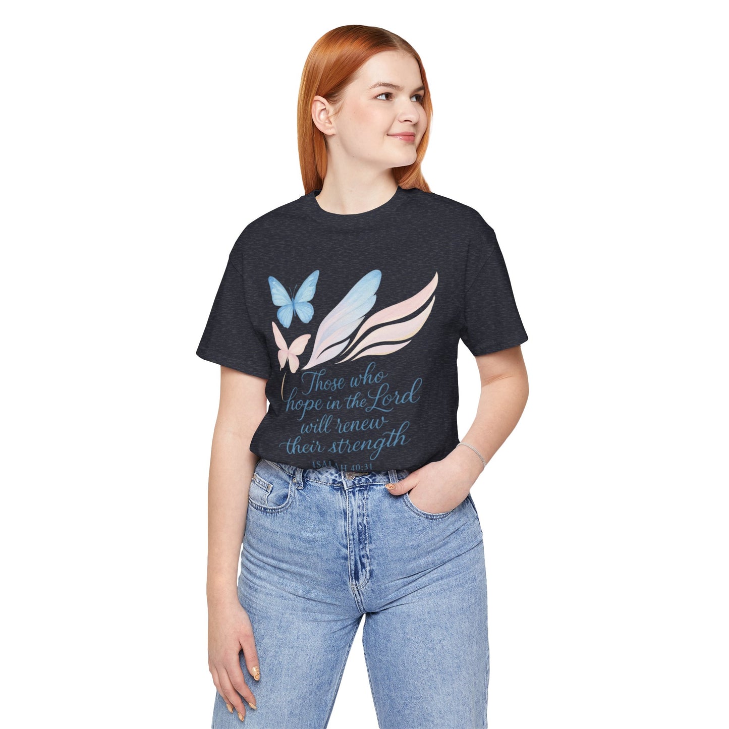 Inspirational Scripture T-Shirt – "Those Who Hope in the Lord" Isaiah 40:31, Pastel Butterflies