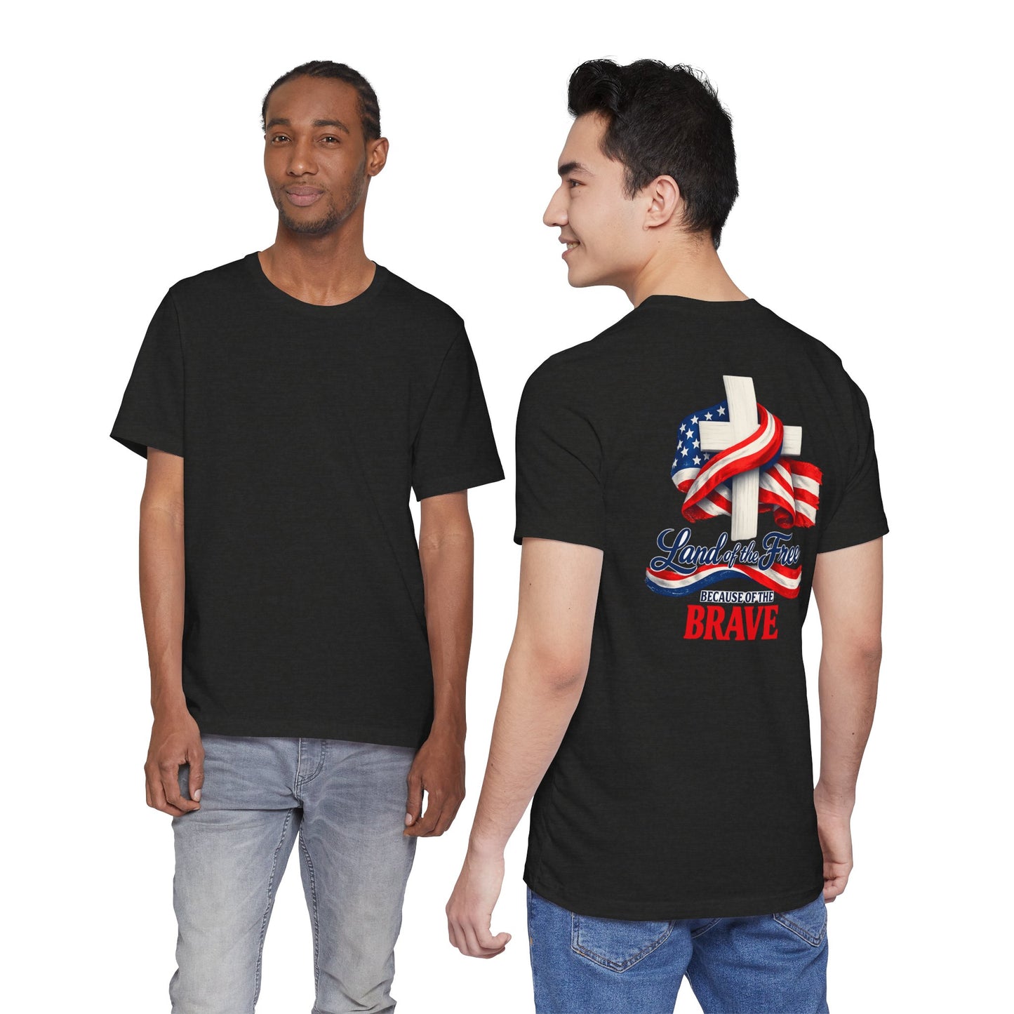Land of the Free Because of the Brave Tee - Patriotic American Flag Cross T-Shirt