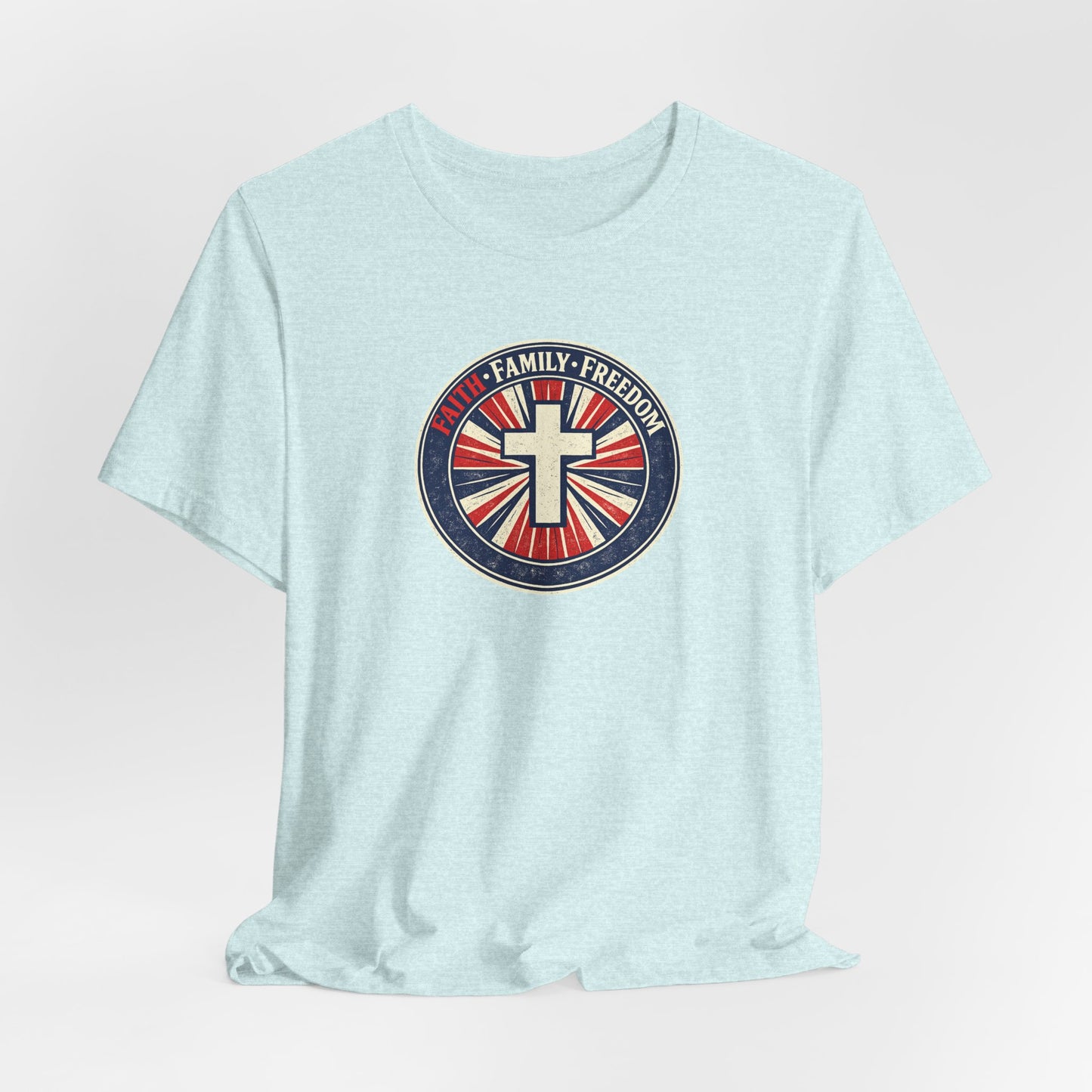 Faith Family Freedom T‑Shirt — Cross Emblem Patriotic Graphic Tee