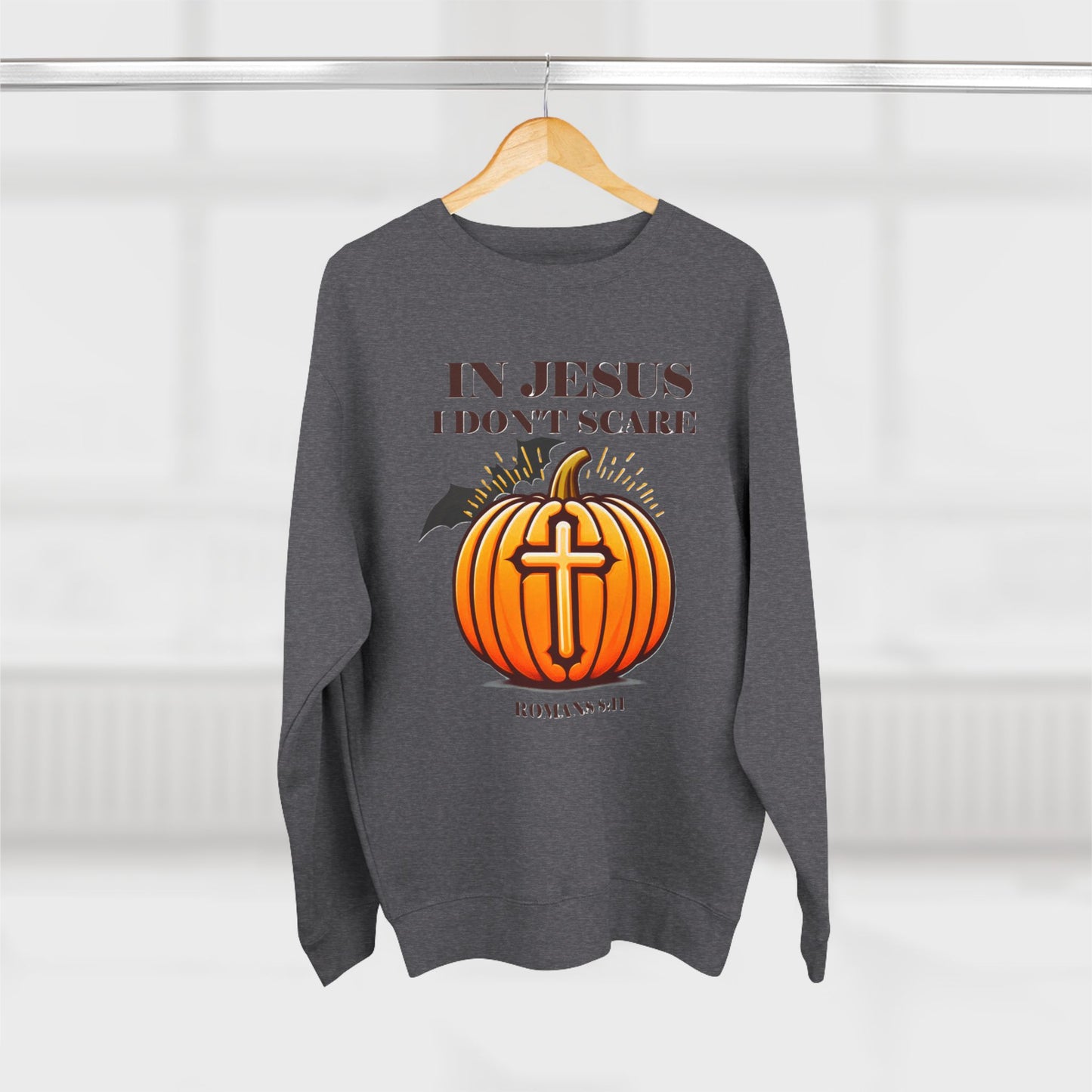 Christian Unisex Crewneck Sweatshirt with Bible Verse Romans 8:11 'IN JESUS I DON'T SCARE'