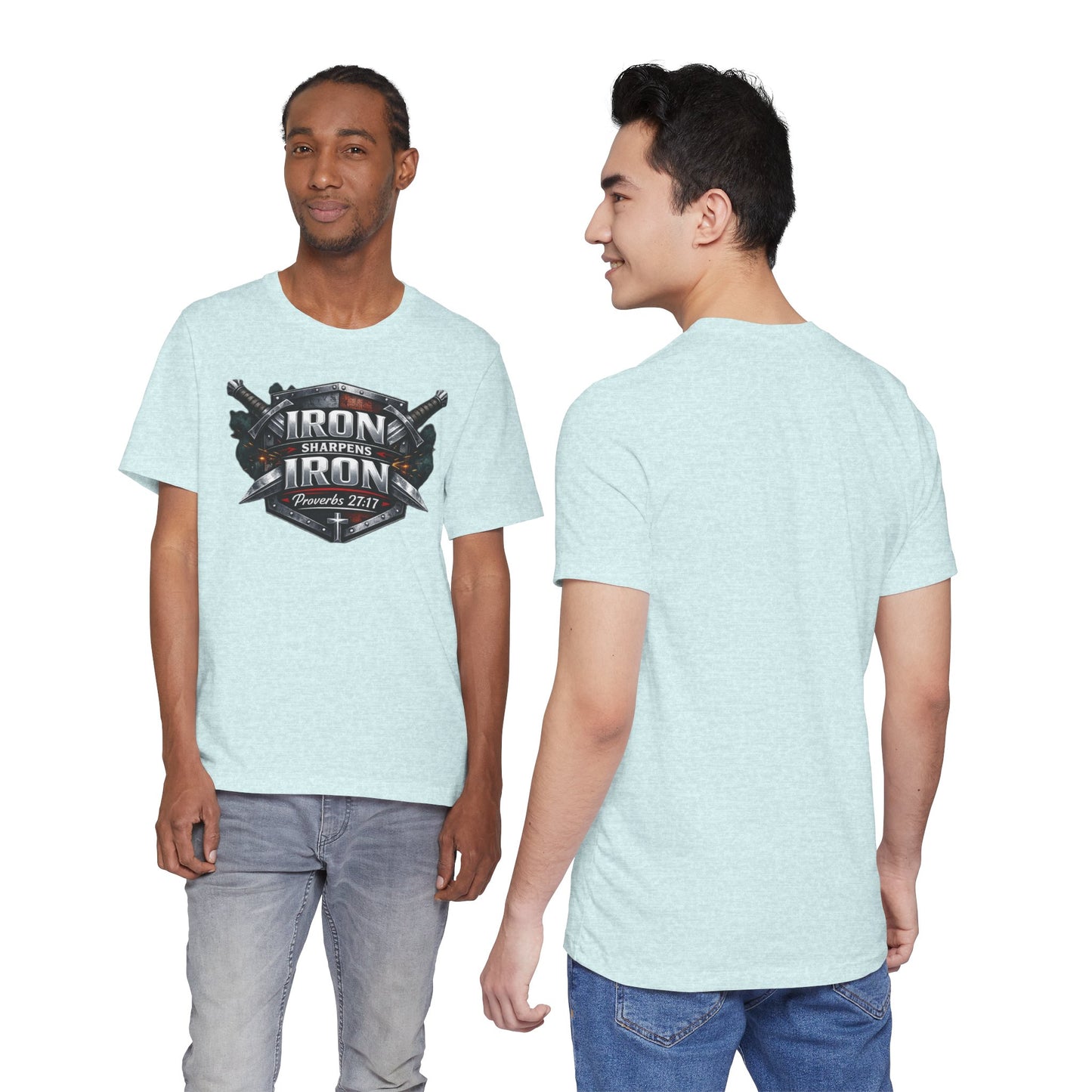 Iron Sharpens Iron T-Shirt — Faith-Based Proverbs 27:17 Graphic Tee