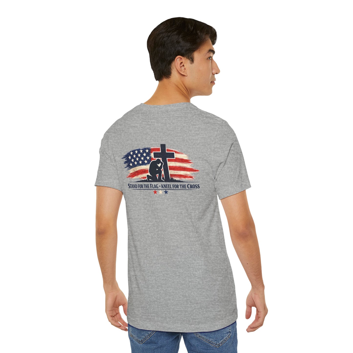 Patriotic Cross Tee – "Stand for the Flag, Kneel for the Cross" Short Sleeve T-Shirt