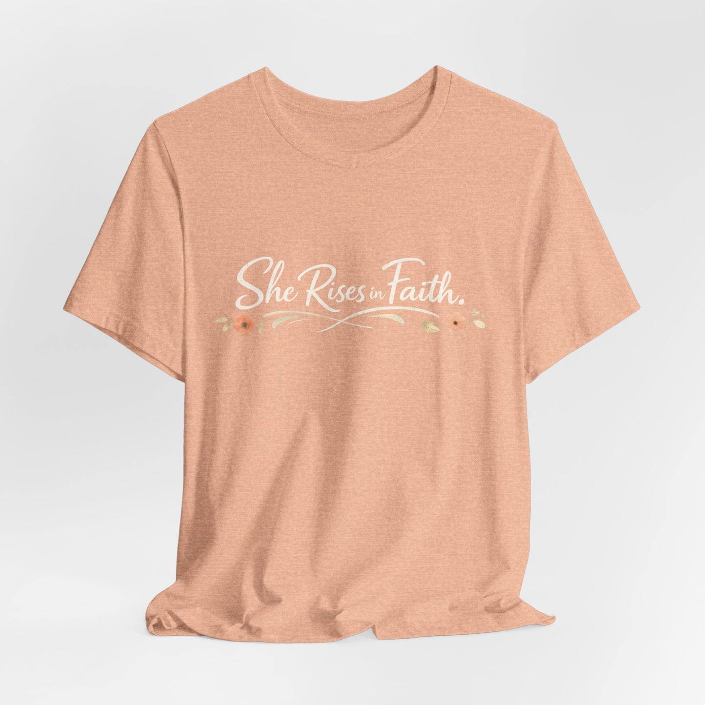 "She Rises In Faith" Chest Tee – Delicate Peach Blossom Graphic