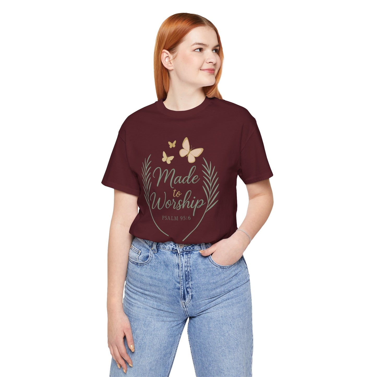 Made to Worship T-Shirt – Psalm 95:6 Christian Faith Tee with Butterflies