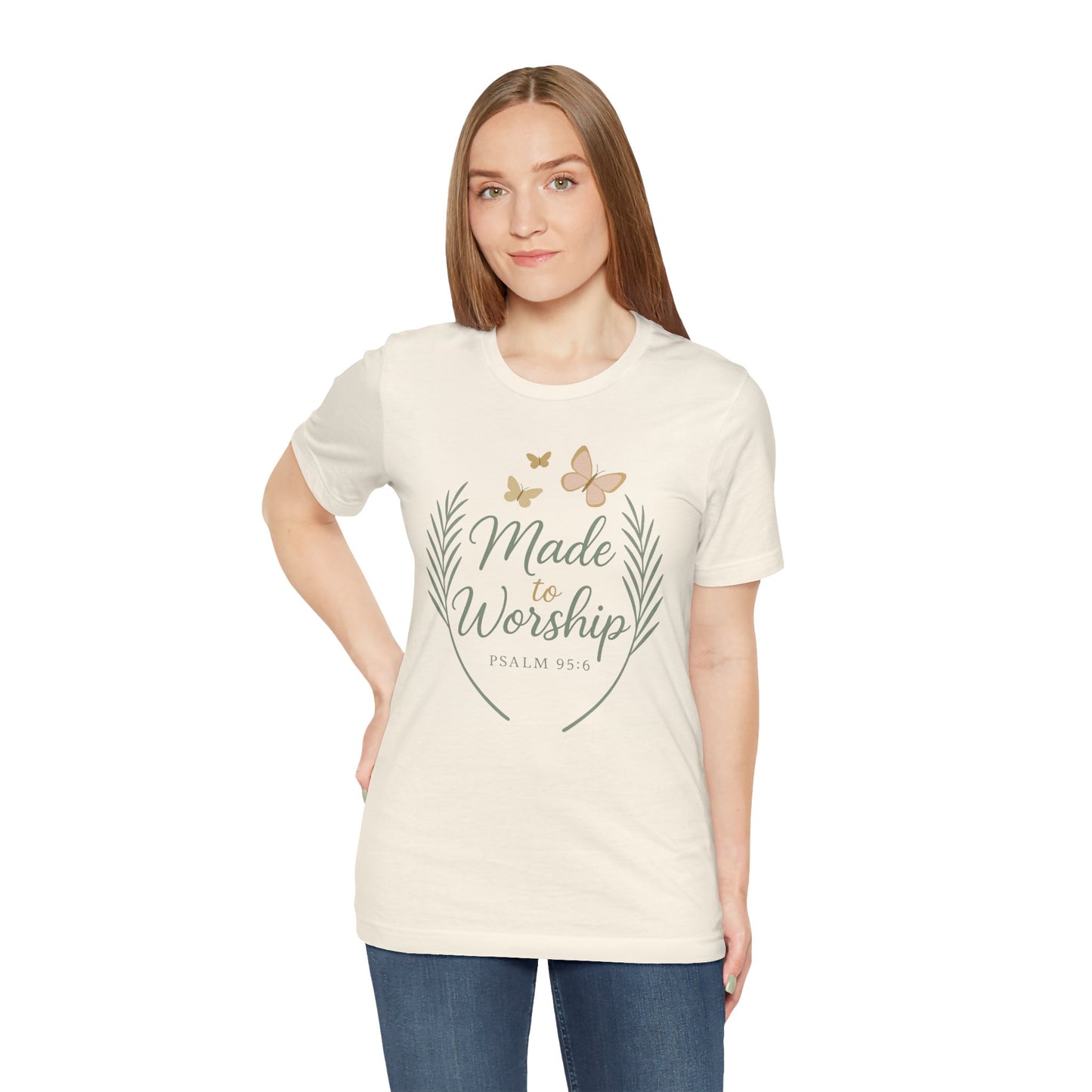 Made to Worship T-Shirt – Psalm 95:6 Christian Faith Tee with Butterflies