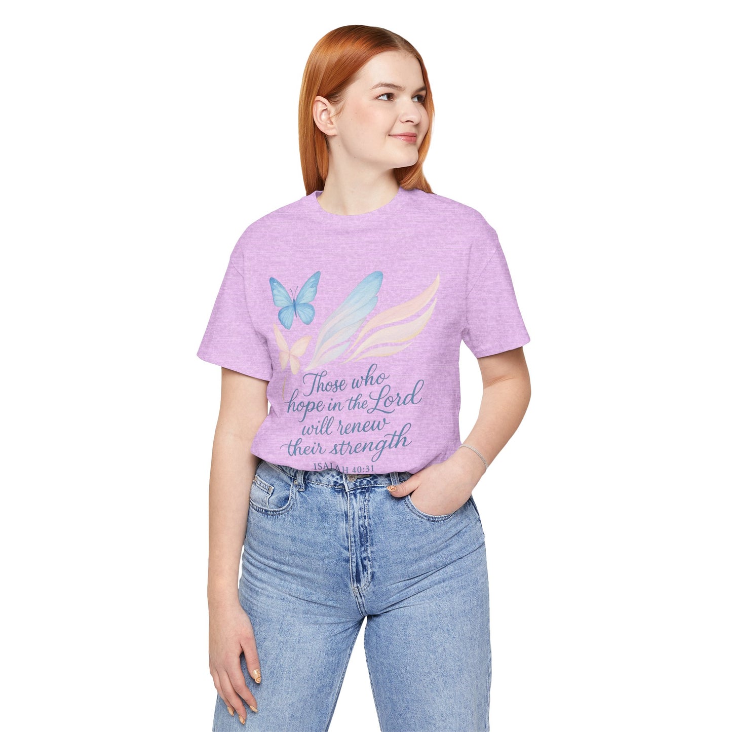 Inspirational Scripture T-Shirt – "Those Who Hope in the Lord" Isaiah 40:31, Pastel Butterflies