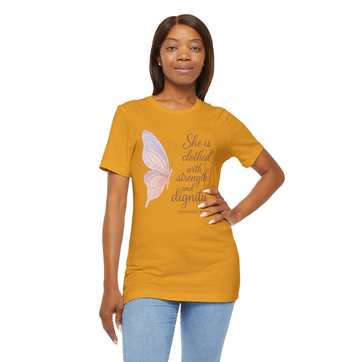 Inspirational "She is clothed with strength and dignity" Butterfly T-Shirt