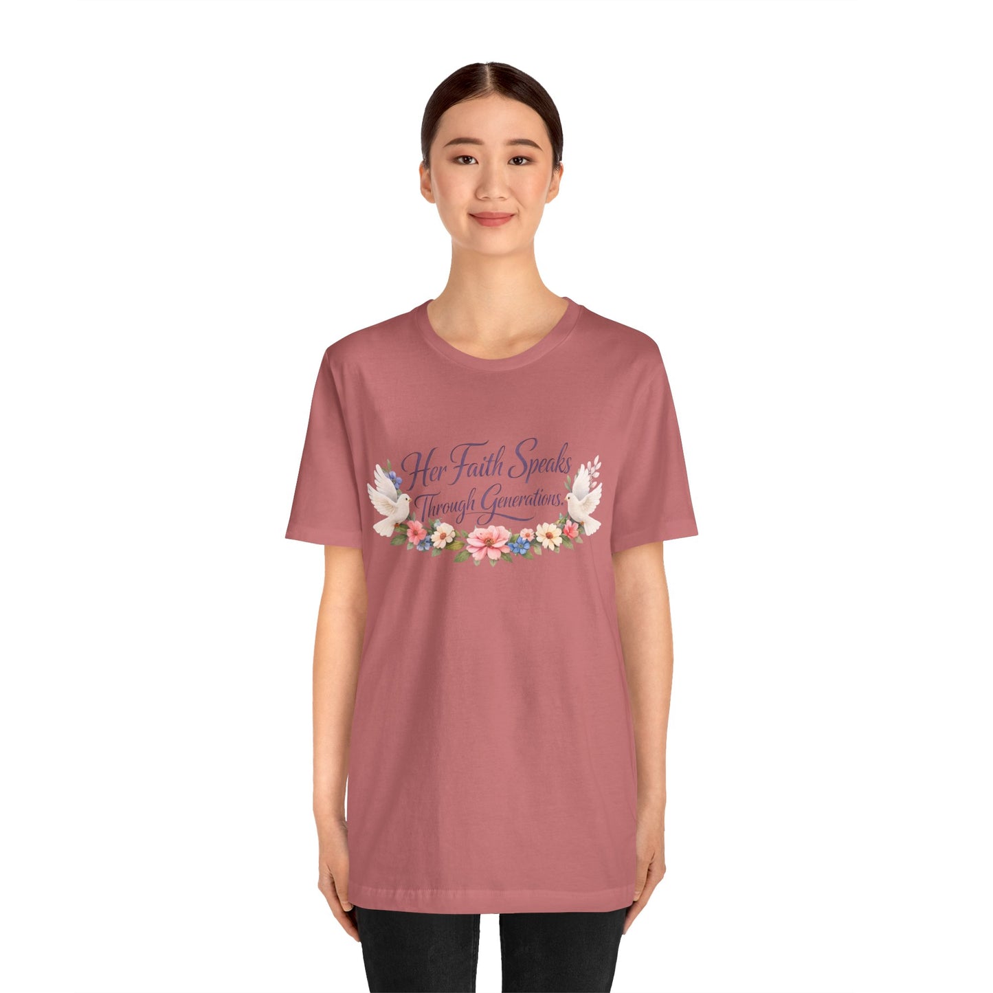 Her Faith Speaks Through Generations T-Shirt — Floral Inspirational Christian Tee