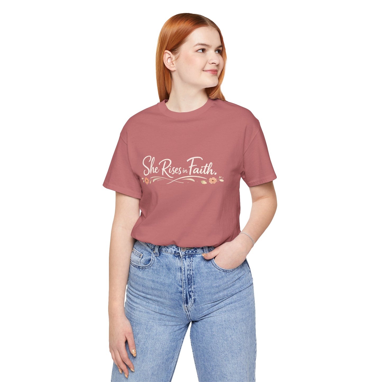 "She Rises In Faith" Chest Tee – Delicate Peach Blossom Graphic