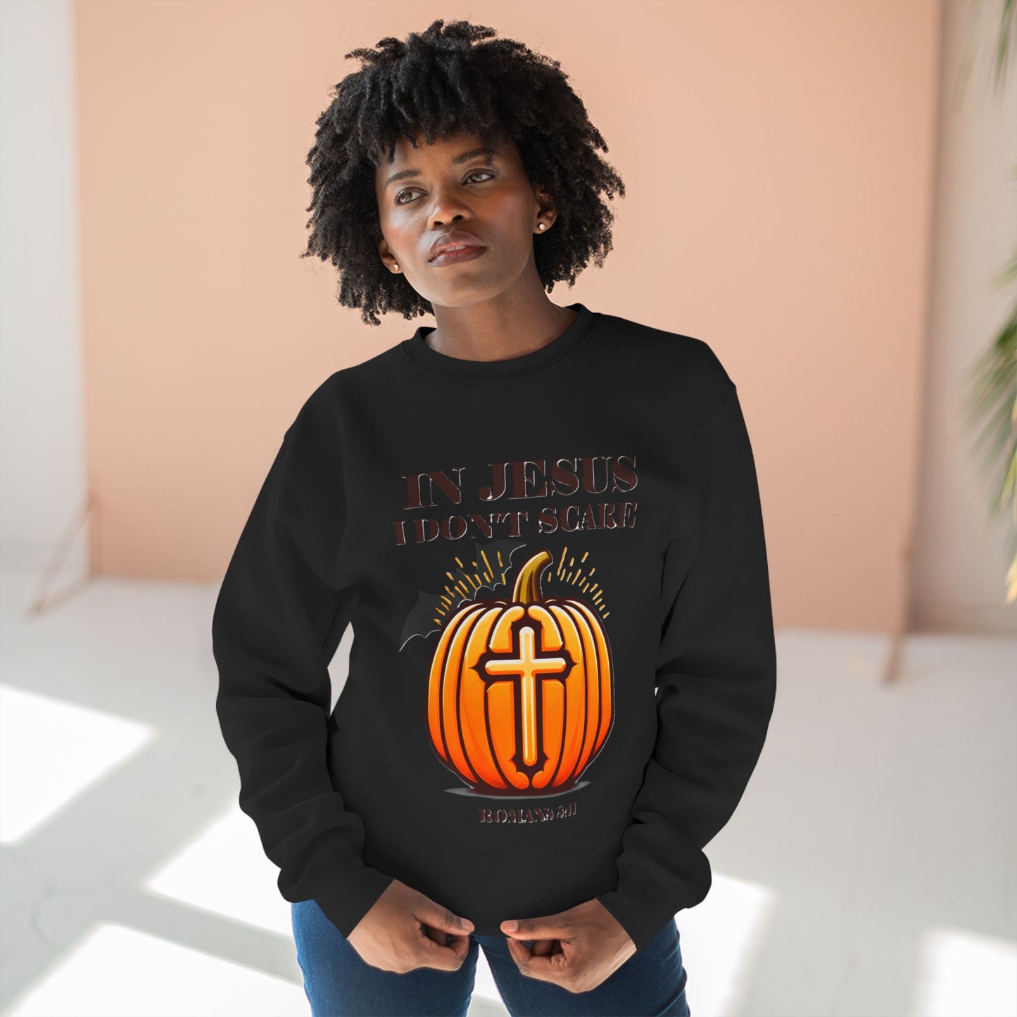 Christian Unisex Crewneck Sweatshirt with Bible Verse Romans 8:11 'IN JESUS I DON'T SCARE'