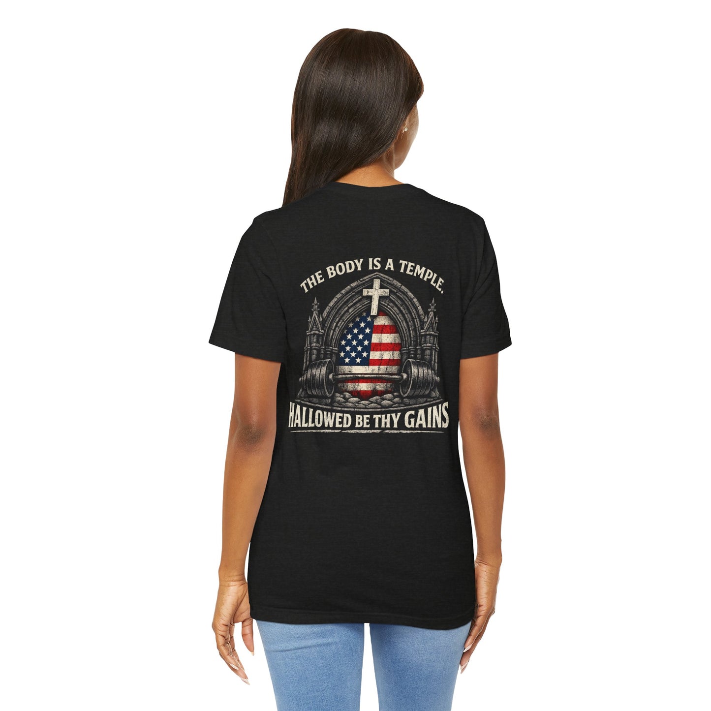 Patriotic Gym Tee — “The Body Is a Temple” American Flag Fitness T-Shirt