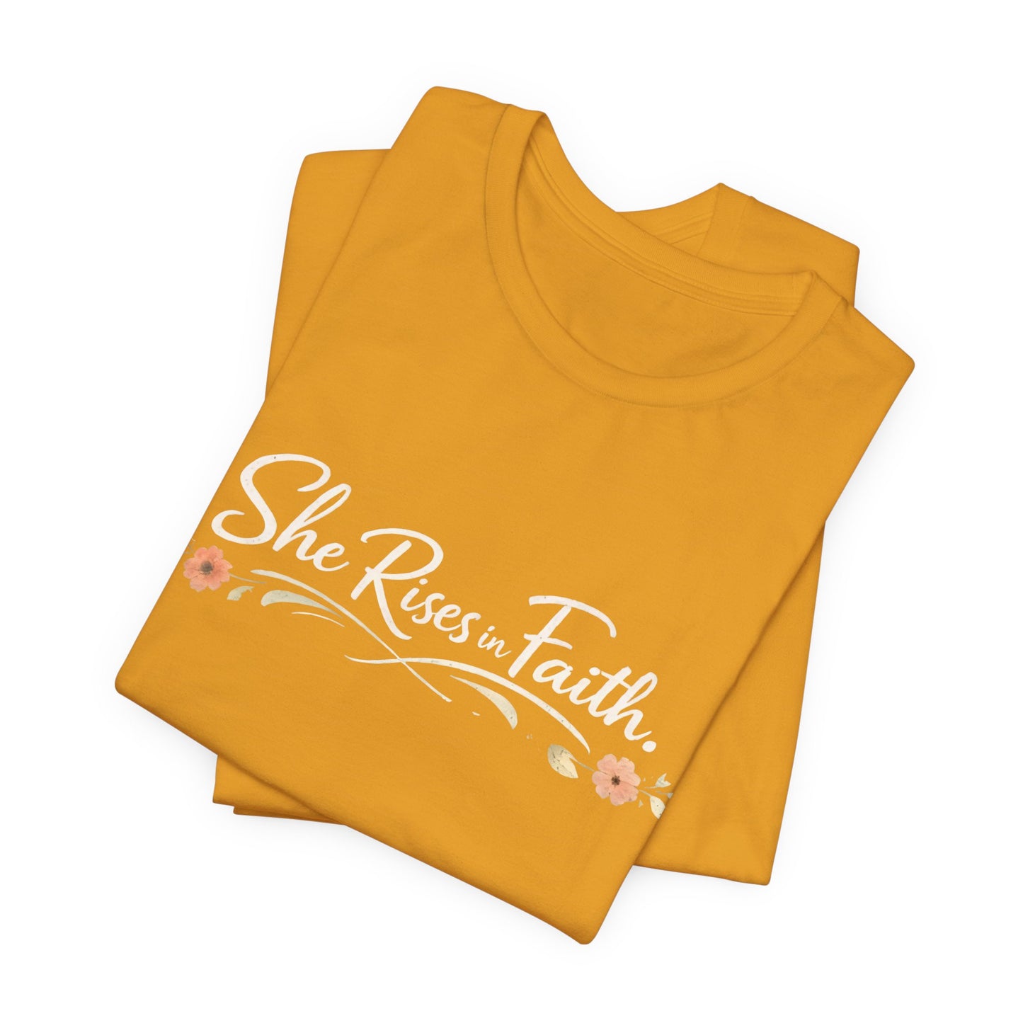 "She Rises In Faith" Chest Tee – Delicate Peach Blossom Graphic