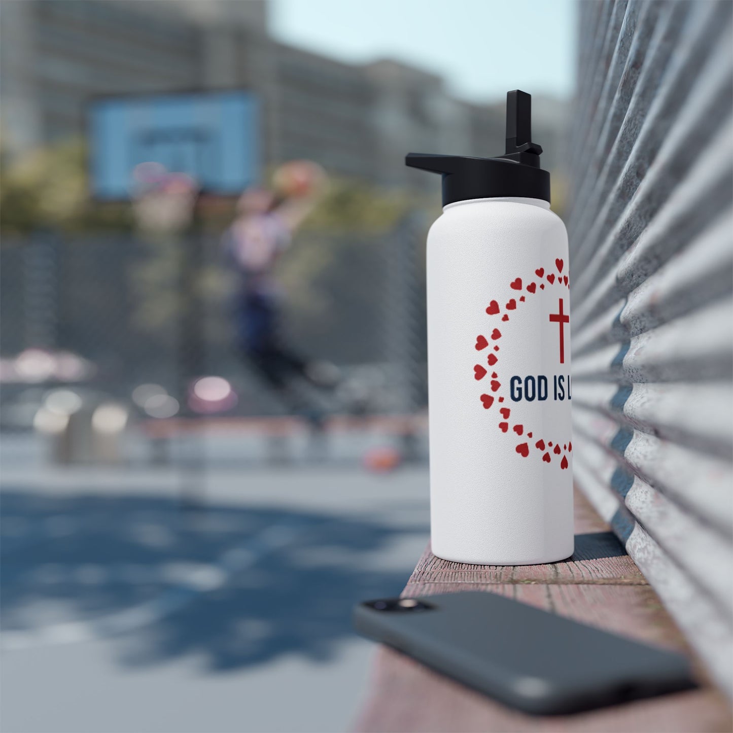 God Is Love Stainless Steel Water Bottle — Christian Cross Heart Design
