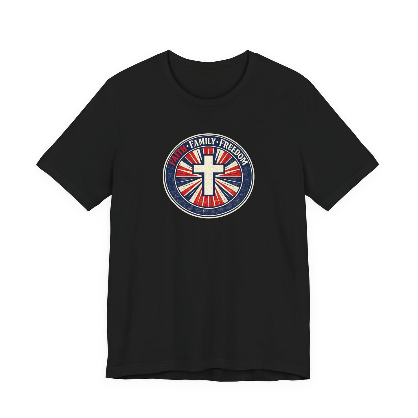 Faith Family Freedom T‑Shirt — Cross Emblem Patriotic Graphic Tee