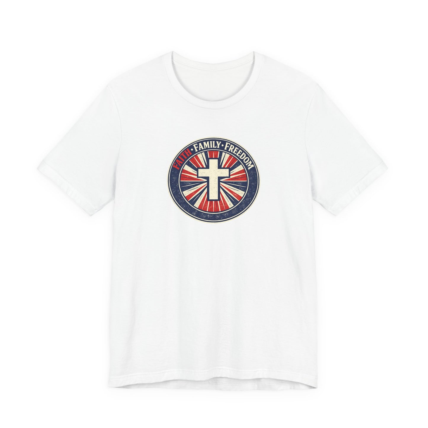 Faith Family Freedom T‑Shirt — Cross Emblem Patriotic Graphic Tee