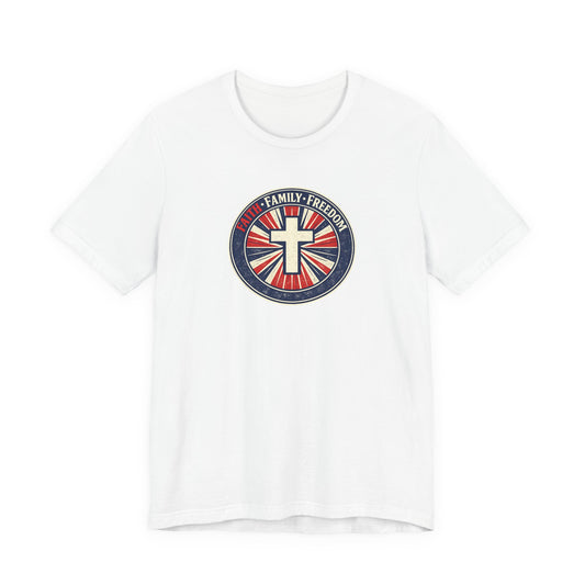 Faith Family Freedom T‑Shirt — Cross Emblem Patriotic Graphic Tee