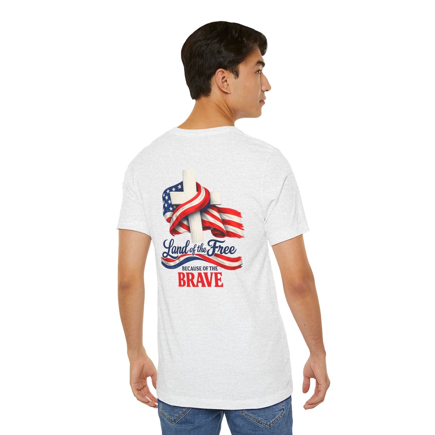 Land of the Free Because of the Brave Tee - Patriotic American Flag Cross T-Shirt