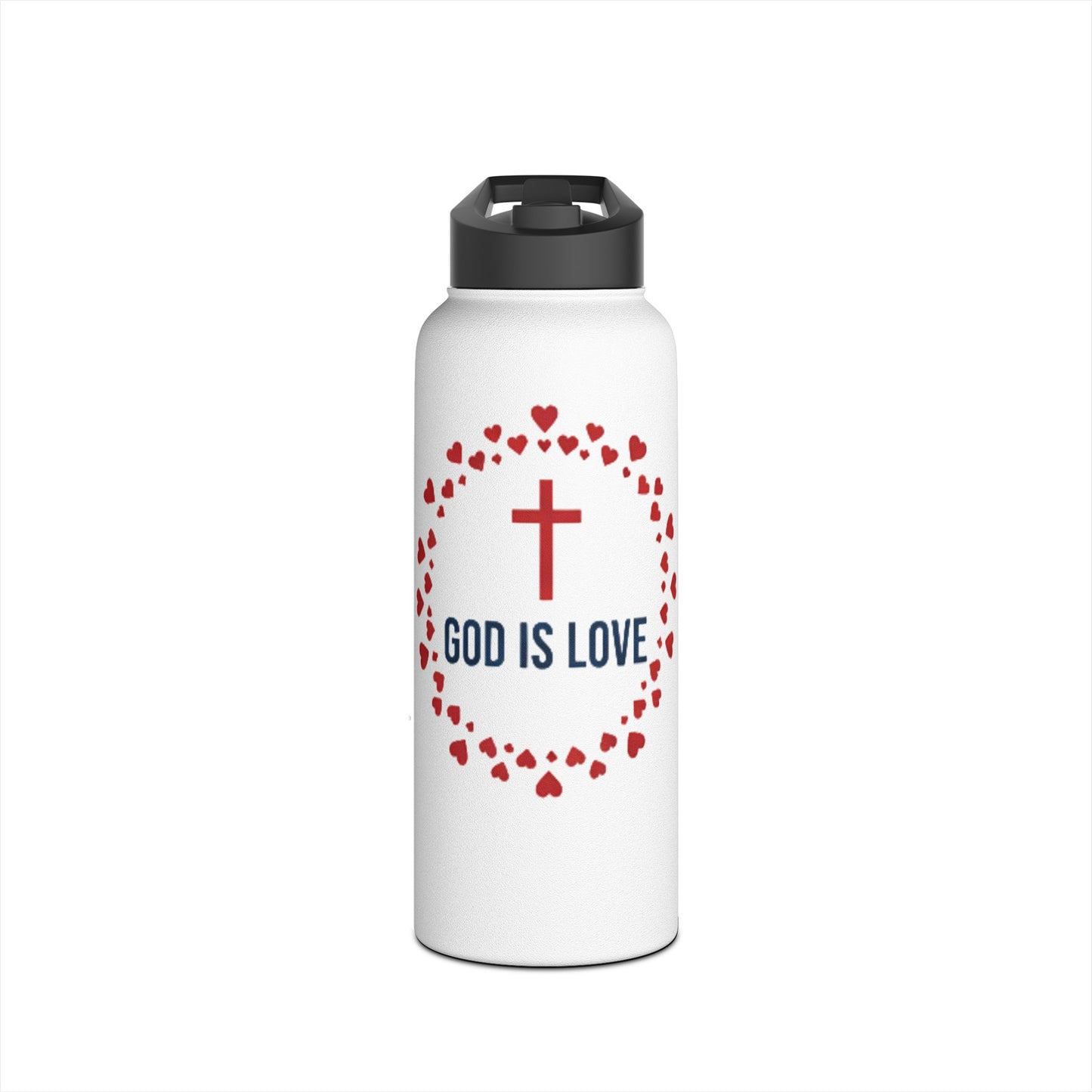 God Is Love Stainless Steel Water Bottle — Christian Cross Heart Design