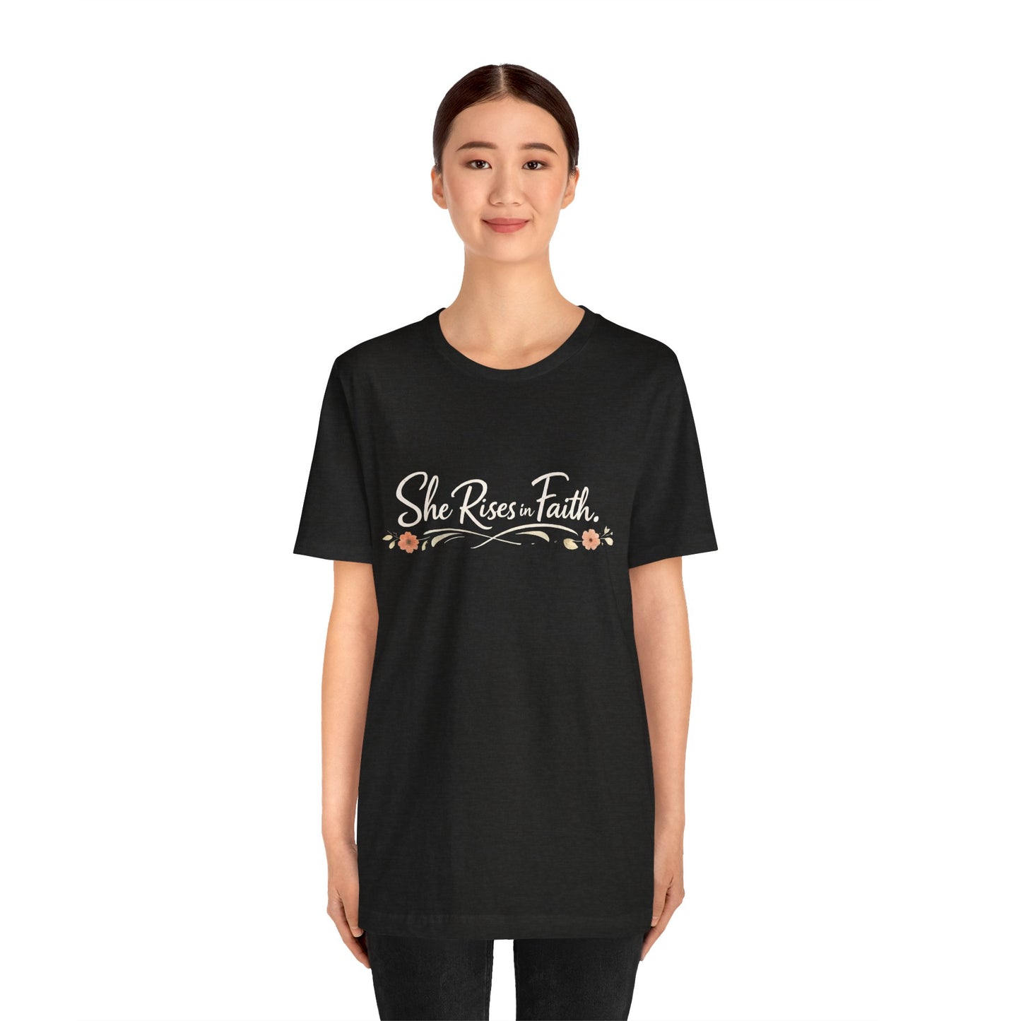 "She Rises In Faith" Chest Tee – Delicate Peach Blossom Graphic