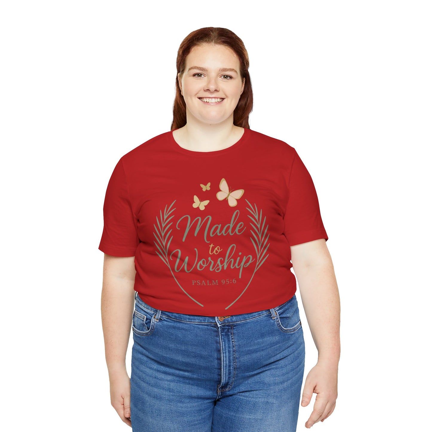 Made to Worship T-Shirt – Psalm 95:6 Christian Faith Tee with Butterflies