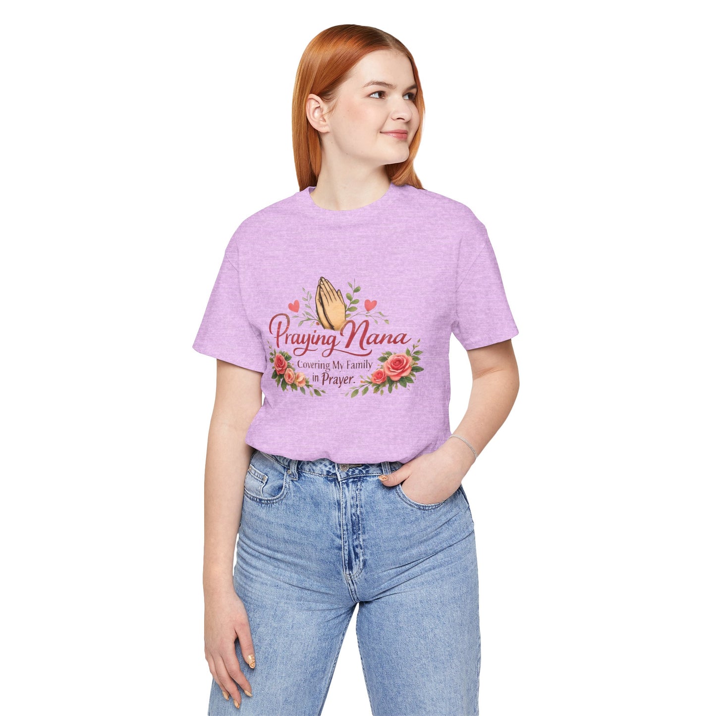 Praying Nana T-Shirt – Floral Praying Hands "Covering My Family in Prayer" Grandma Gift