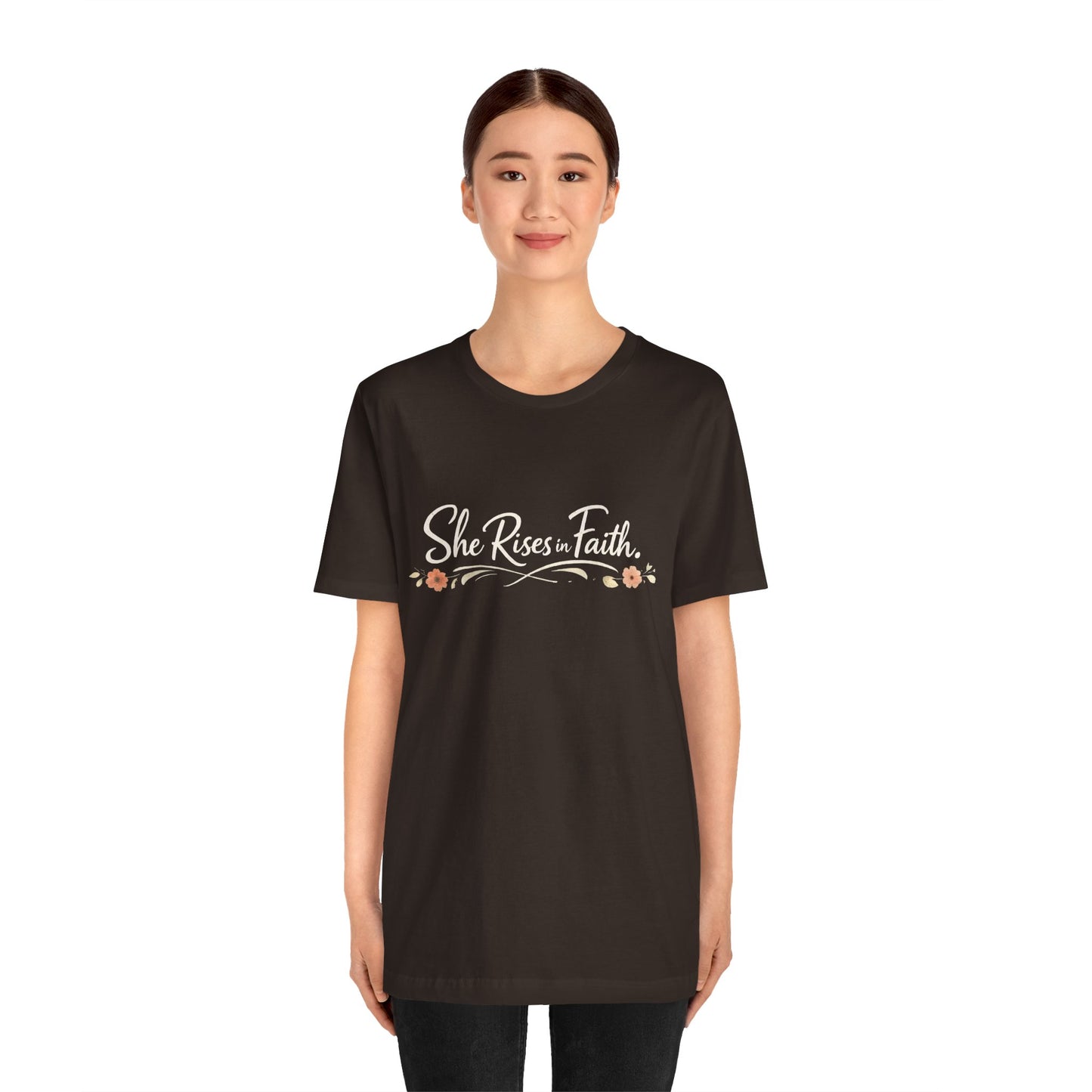 "She Rises In Faith" Chest Tee – Delicate Peach Blossom Graphic