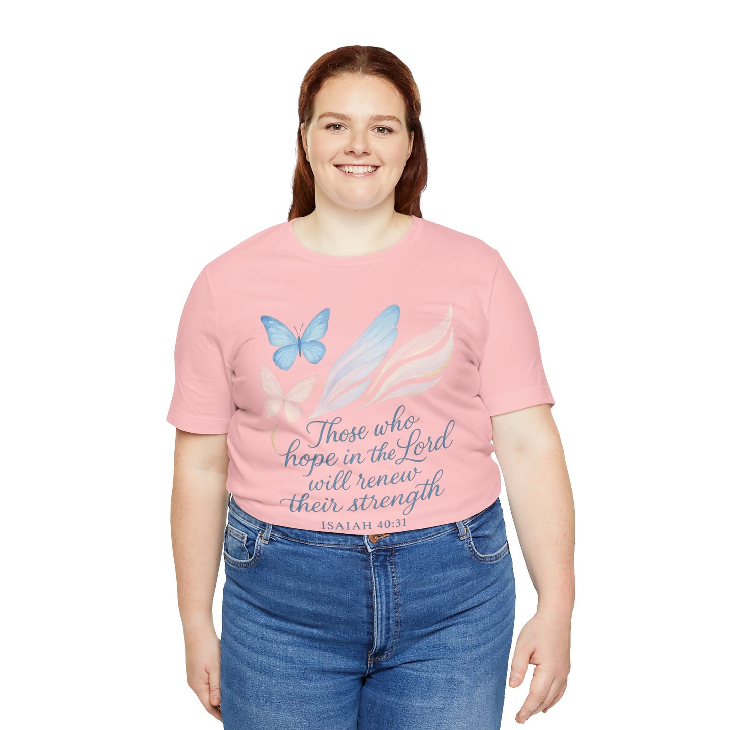 Inspirational Scripture T-Shirt – "Those Who Hope in the Lord" Isaiah 40:31, Pastel Butterflies