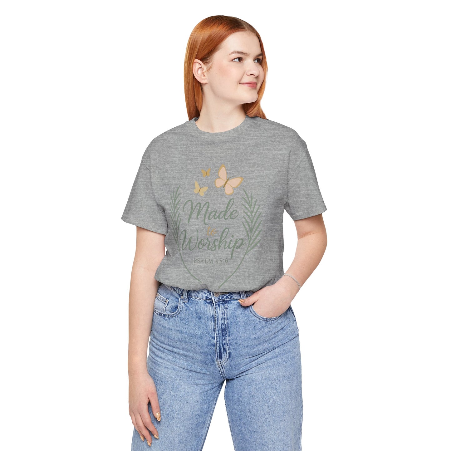 Made to Worship T-Shirt – Psalm 95:6 Christian Faith Tee with Butterflies