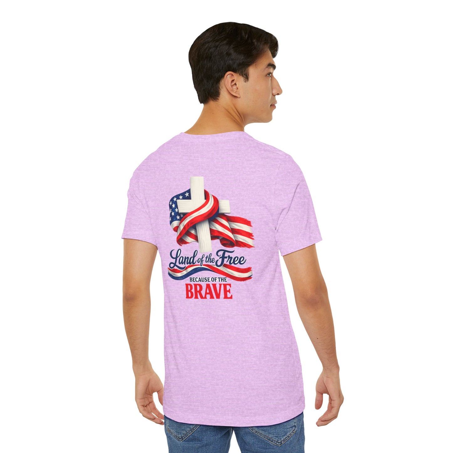 Land of the Free Because of the Brave Tee - Patriotic American Flag Cross T-Shirt