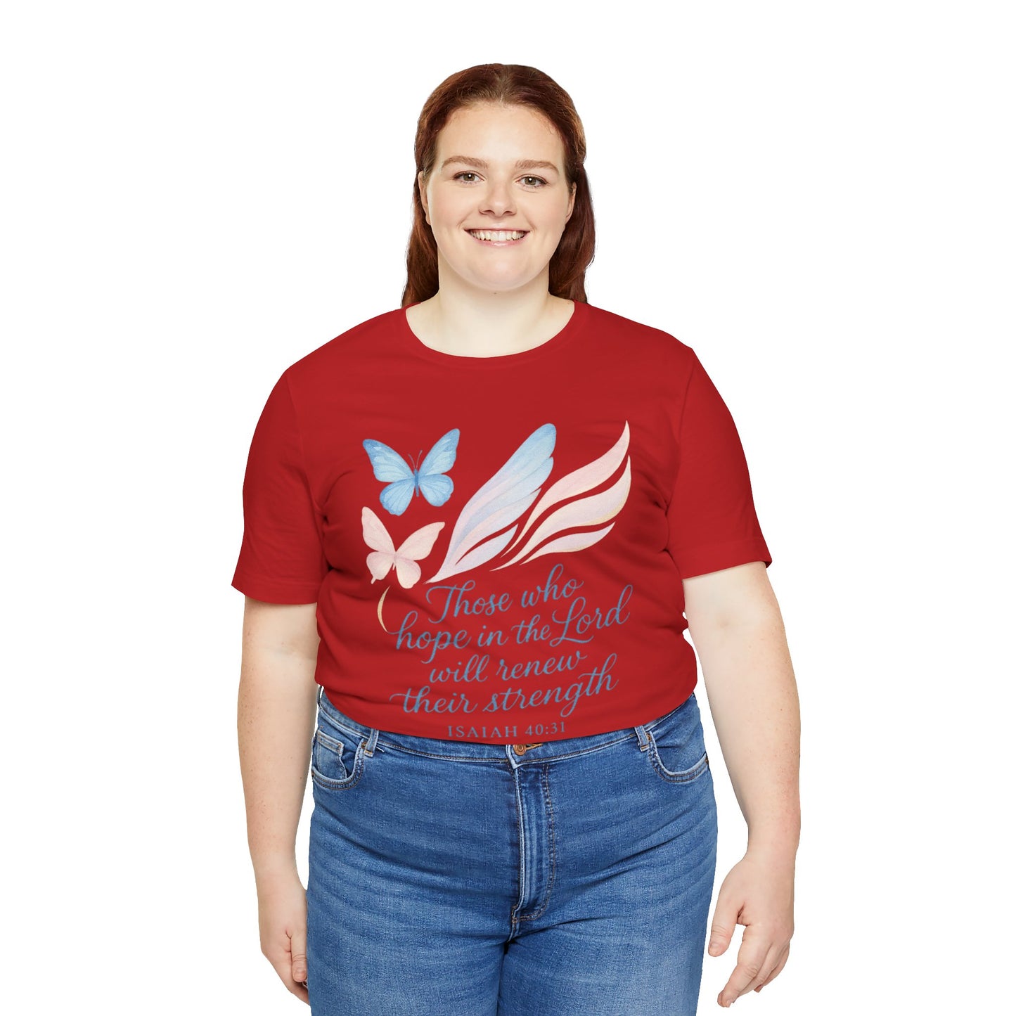 Inspirational Scripture T-Shirt – "Those Who Hope in the Lord" Isaiah 40:31, Pastel Butterflies