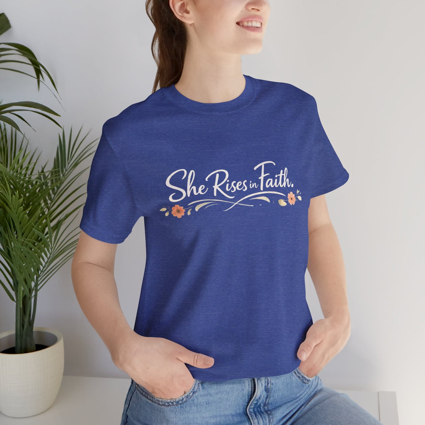 "She Rises In Faith" Chest Tee – Delicate Peach Blossom Graphic