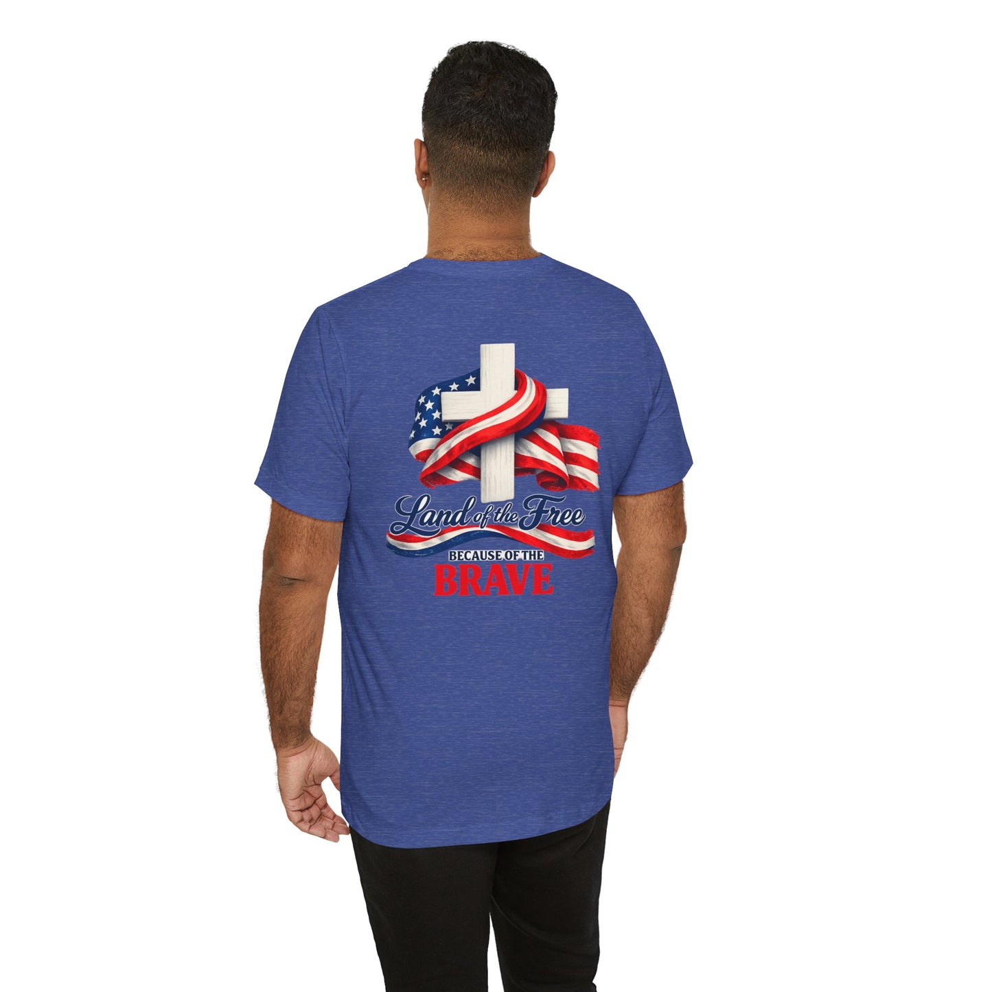 Land of the Free Because of the Brave Tee - Patriotic American Flag Cross T-Shirt