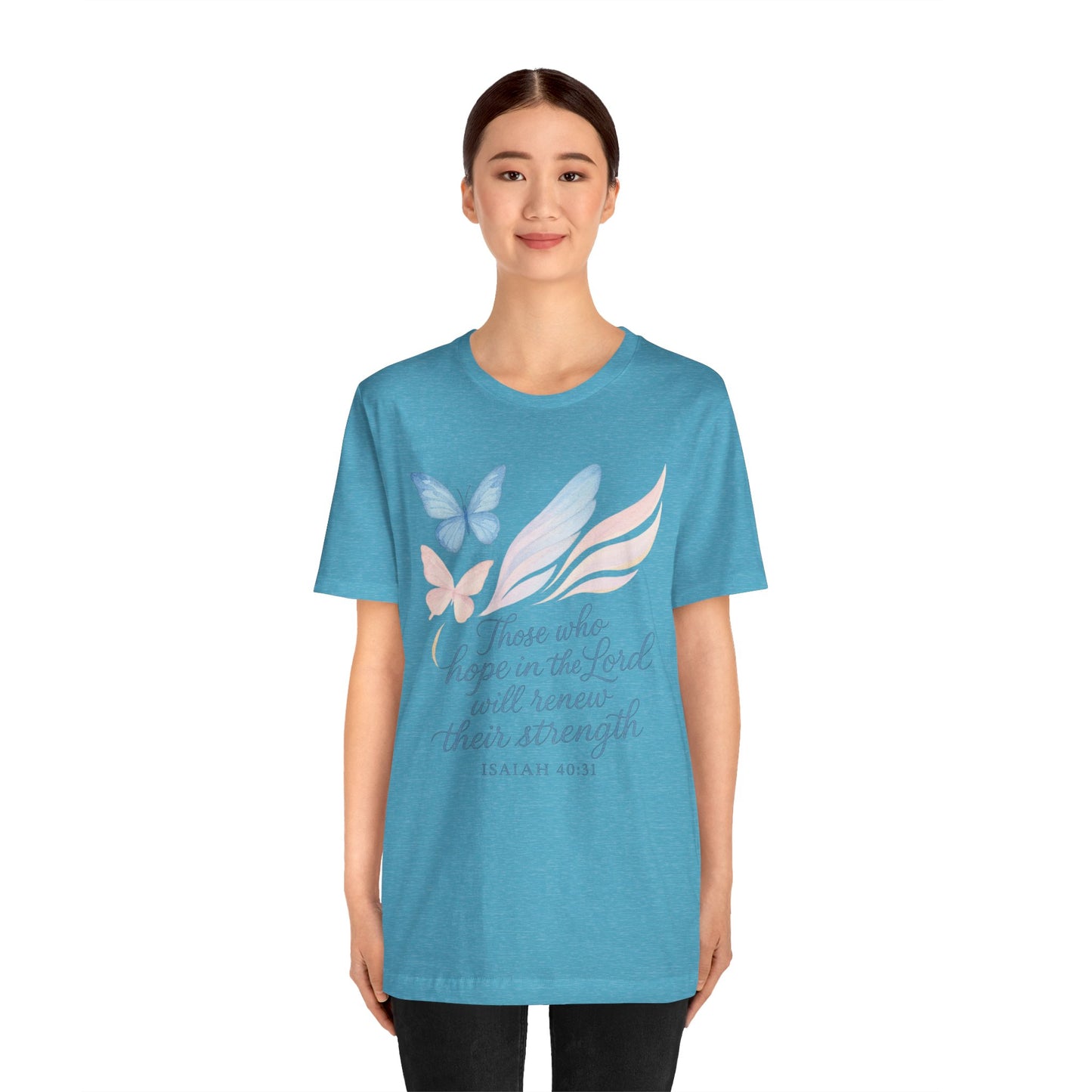 Inspirational Scripture T-Shirt – "Those Who Hope in the Lord" Isaiah 40:31, Pastel Butterflies
