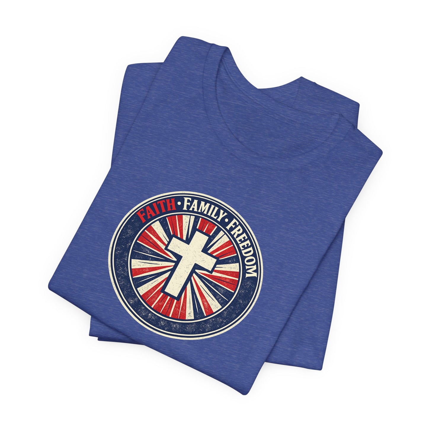 Faith Family Freedom T‑Shirt — Cross Emblem Patriotic Graphic Tee