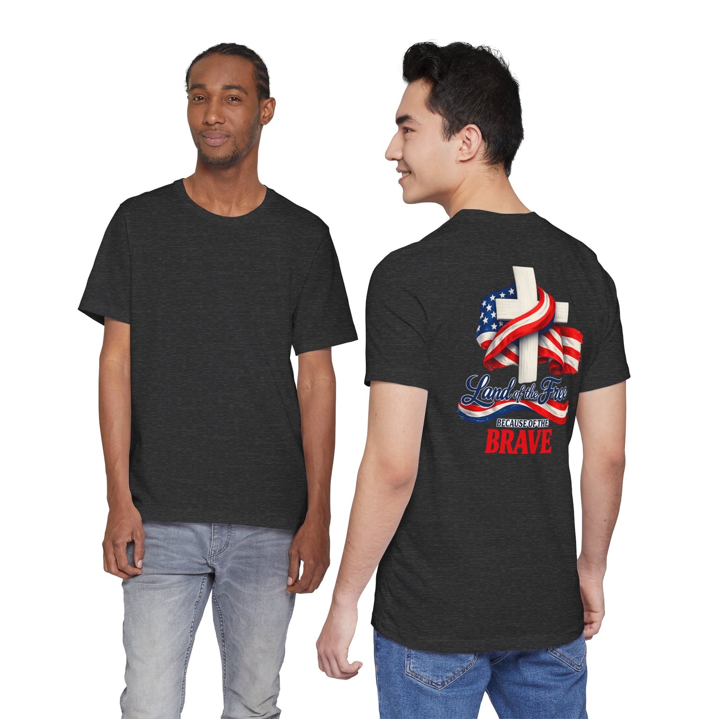 Land of the Free Because of the Brave Tee - Patriotic American Flag Cross T-Shirt