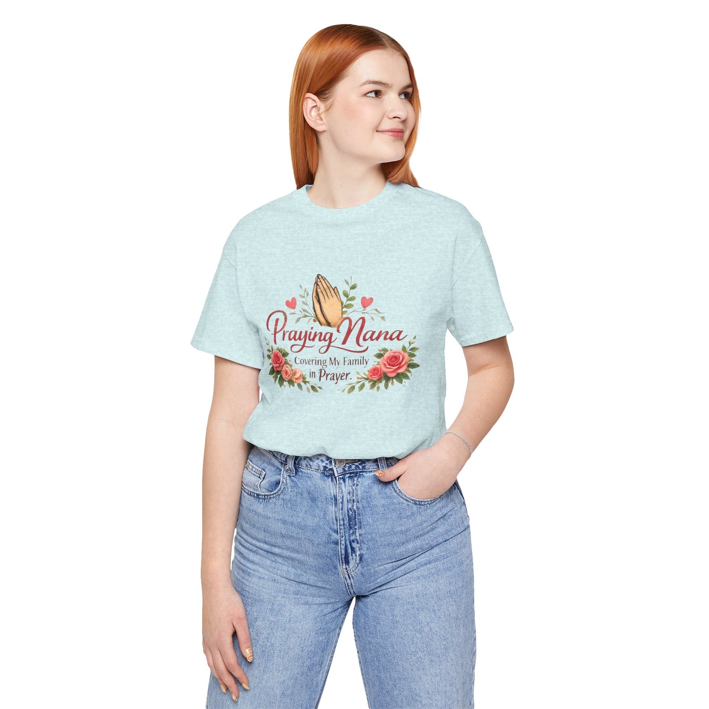 Praying Nana T-Shirt – Floral Praying Hands "Covering My Family in Prayer" Grandma Gift