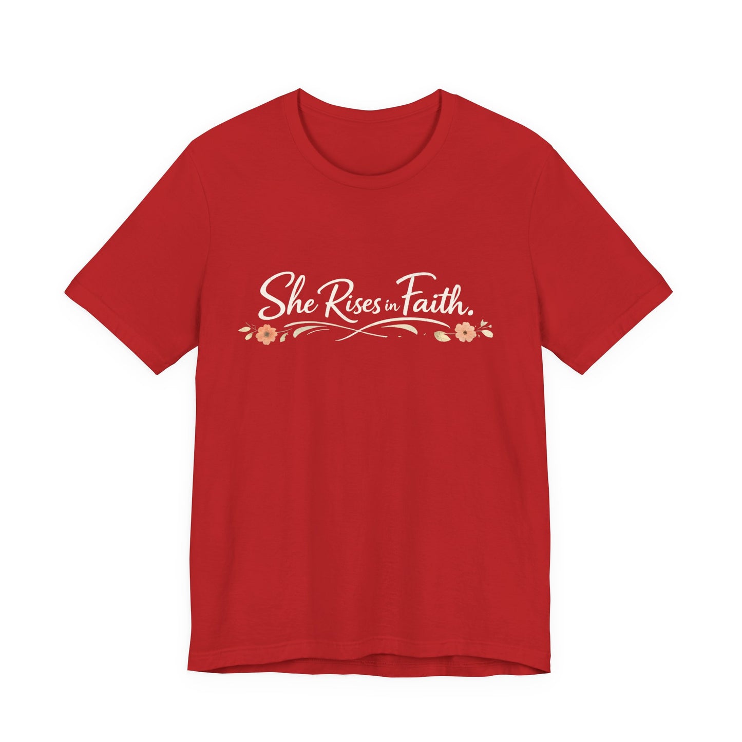 "She Rises In Faith" Chest Tee – Delicate Peach Blossom Graphic