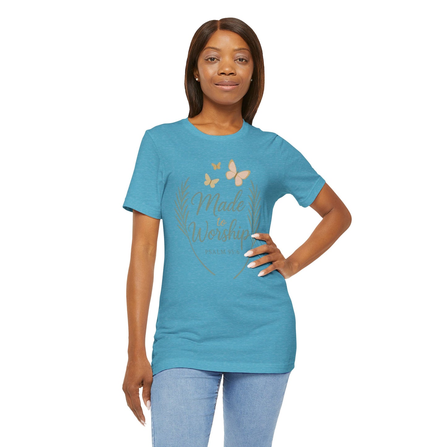 Made to Worship T-Shirt – Psalm 95:6 Christian Faith Tee with Butterflies