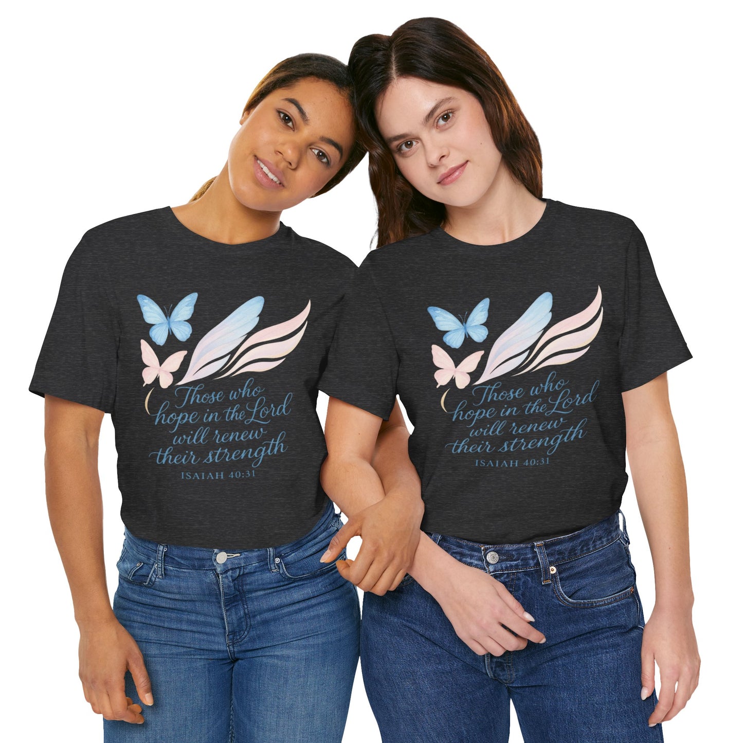 Inspirational Scripture T-Shirt – "Those Who Hope in the Lord" Isaiah 40:31, Pastel Butterflies