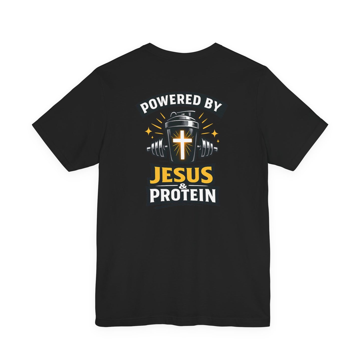 Powered by Jesus & Protein T-Shirt — Christian Gym Fitness Tee