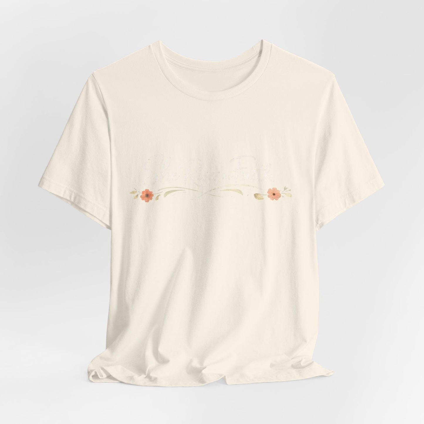 "She Rises In Faith" Chest Tee – Delicate Peach Blossom Graphic