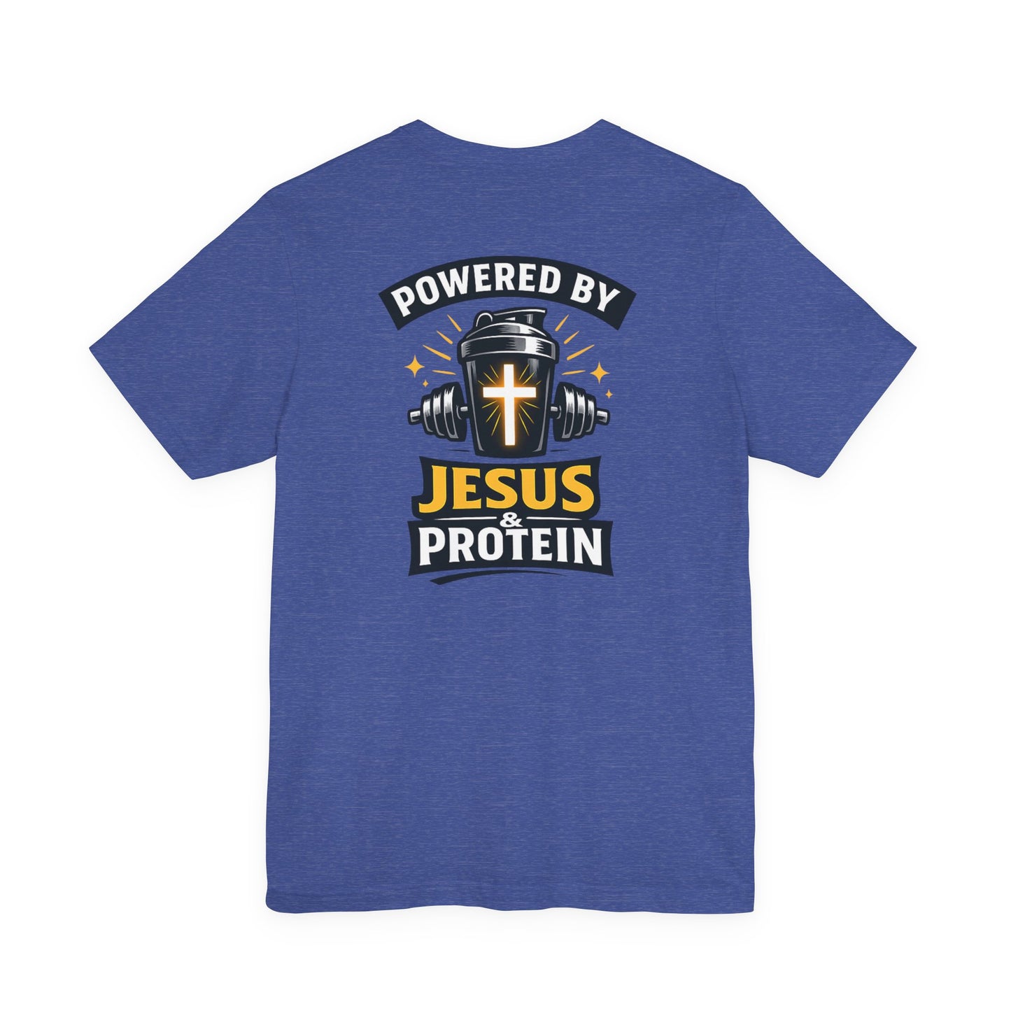 Powered by Jesus & Protein T-Shirt — Christian Gym Fitness Tee