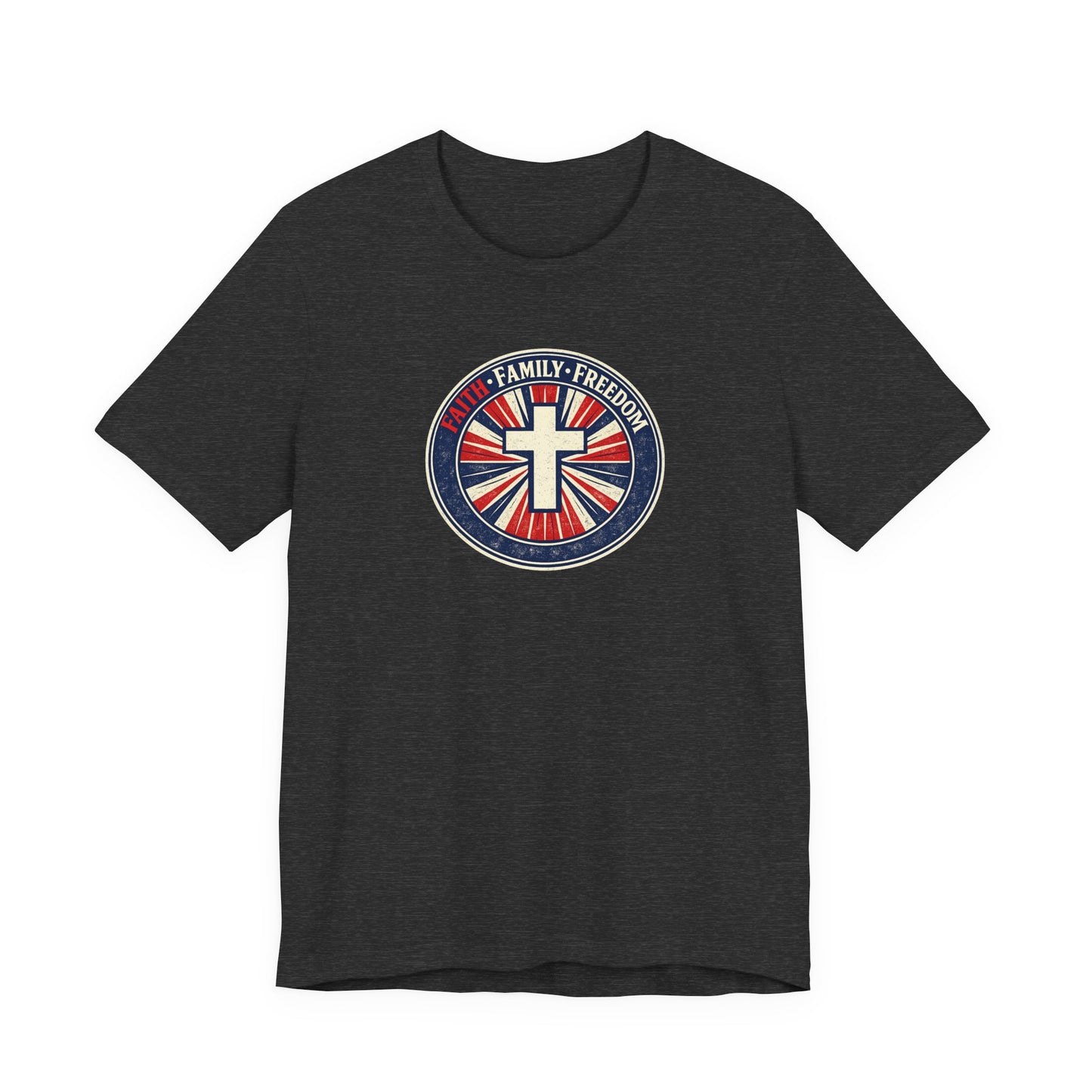 Faith Family Freedom T‑Shirt — Cross Emblem Patriotic Graphic Tee